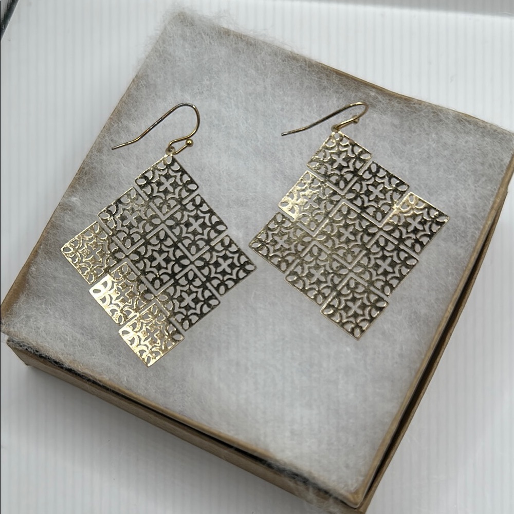 Gold Tone Filigree Statement Earrings with Intricate Design - Picture 3 of 3
